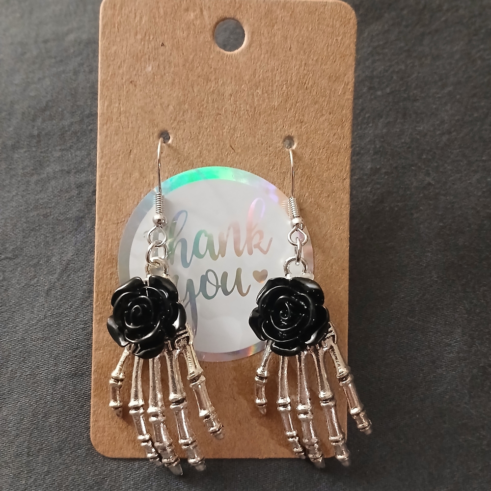 Halloween Skeletal Hands With Roses Earrings-3 Pairs!